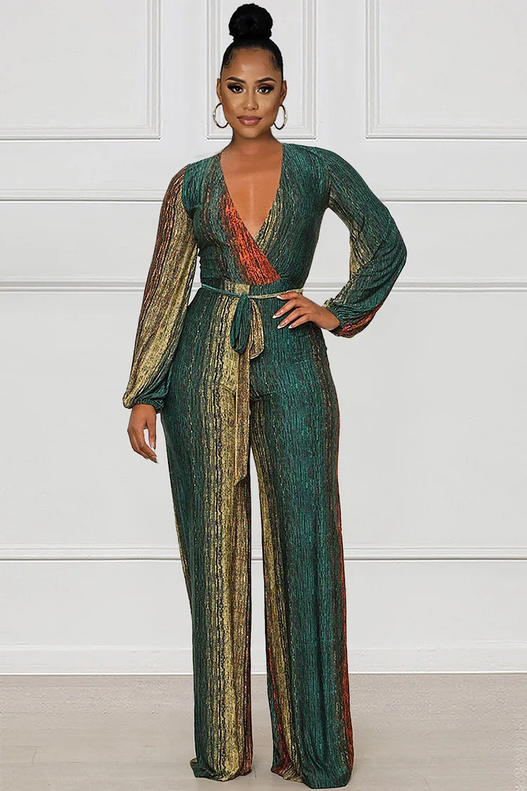 Colorblock V Neck Lantern Sleeve Tie Up Wide Leg Jumpsuit-Green