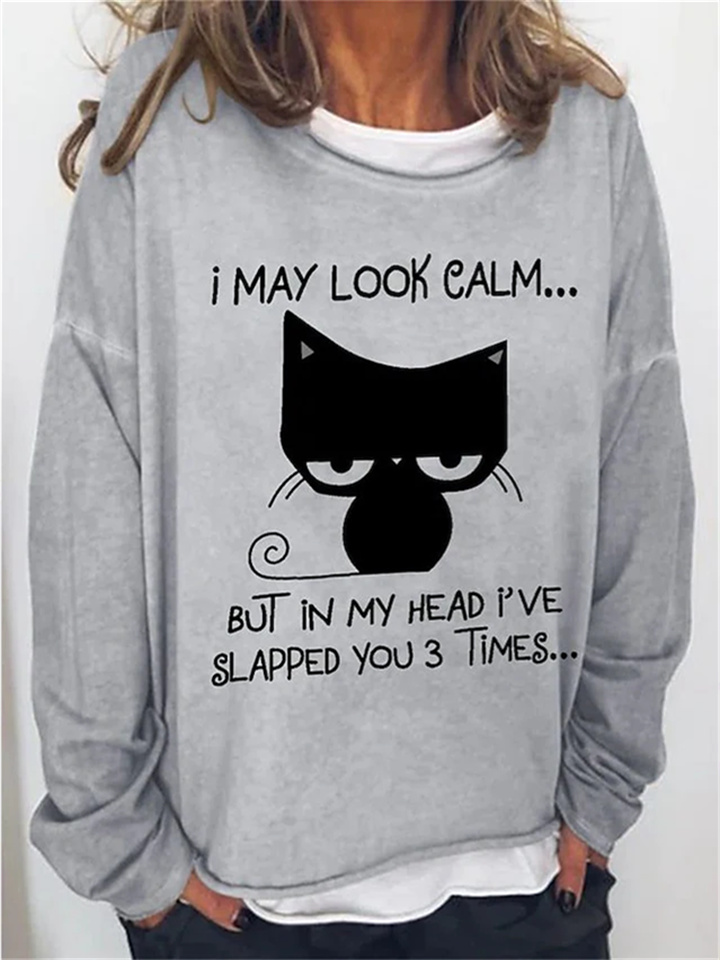 Women's Pullover Basic Casual Print Khaki Light Grey Light Blue Cat Letter Loose Fit Casual Crew Neck Long Sleeve