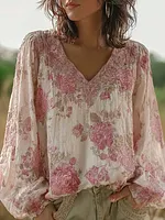 Bohemian Style Pink Floral Design V-neck Long-sleeve Top2