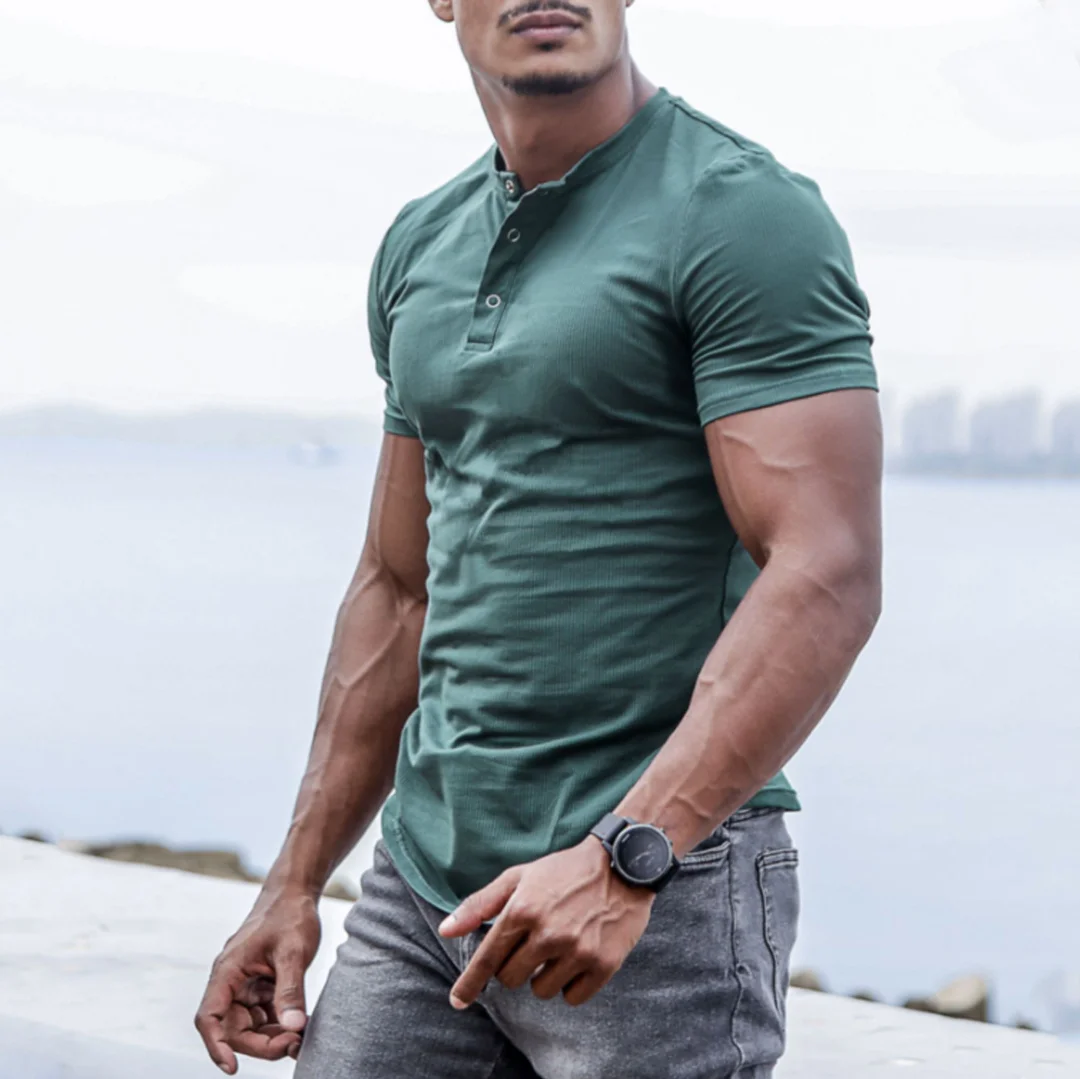 Men's Spring/Summer Henley Stretch Slim T-Shirt-inspireuse