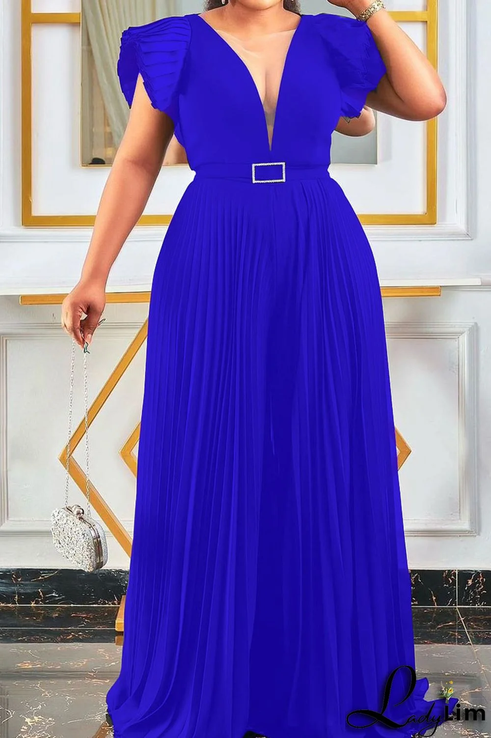 Yellow Elegant Solid Split Joint Fold V Neck Loose Jumpsuits