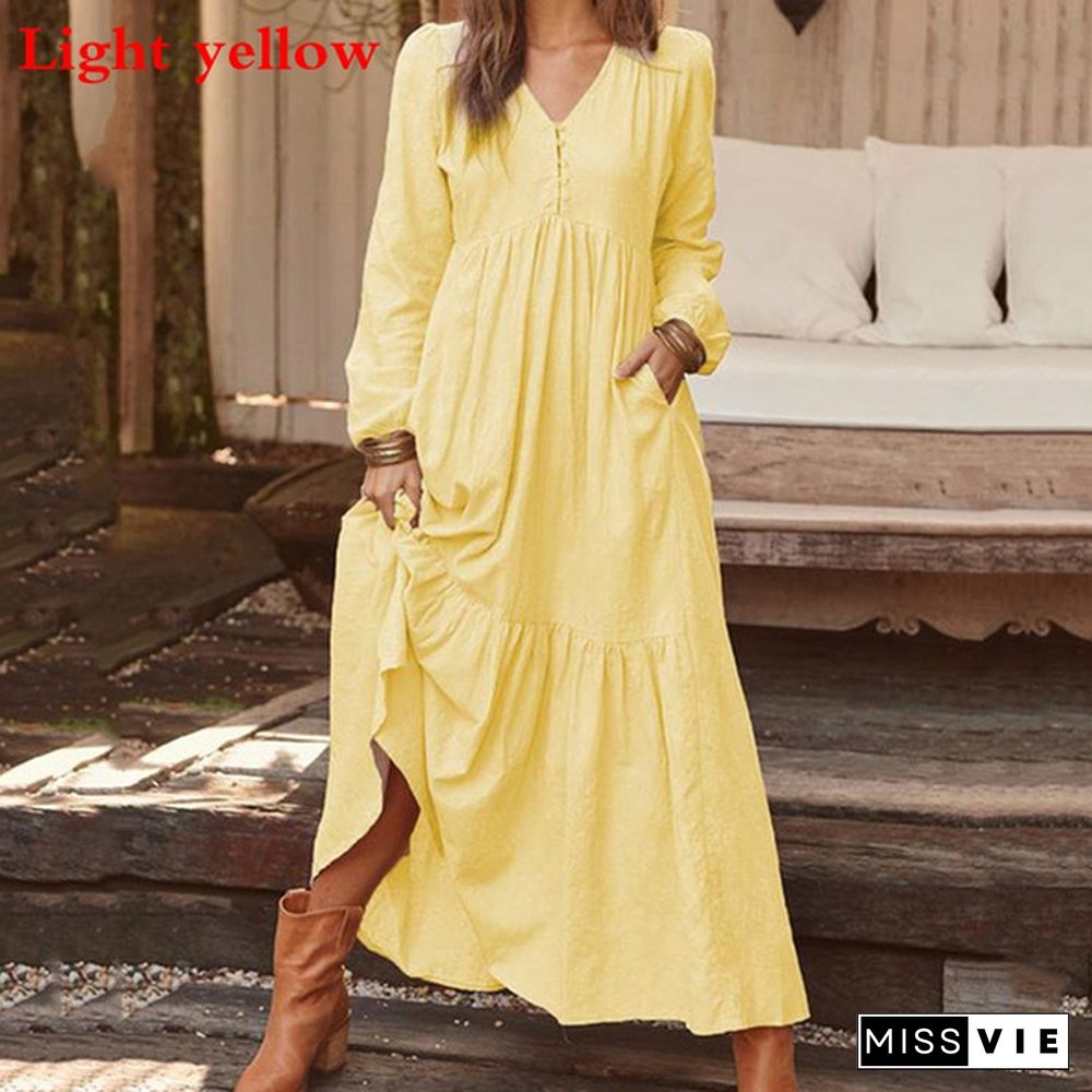 Autumn and Winter Women's Fashion Casual Button Retro Long-sleeved Dress