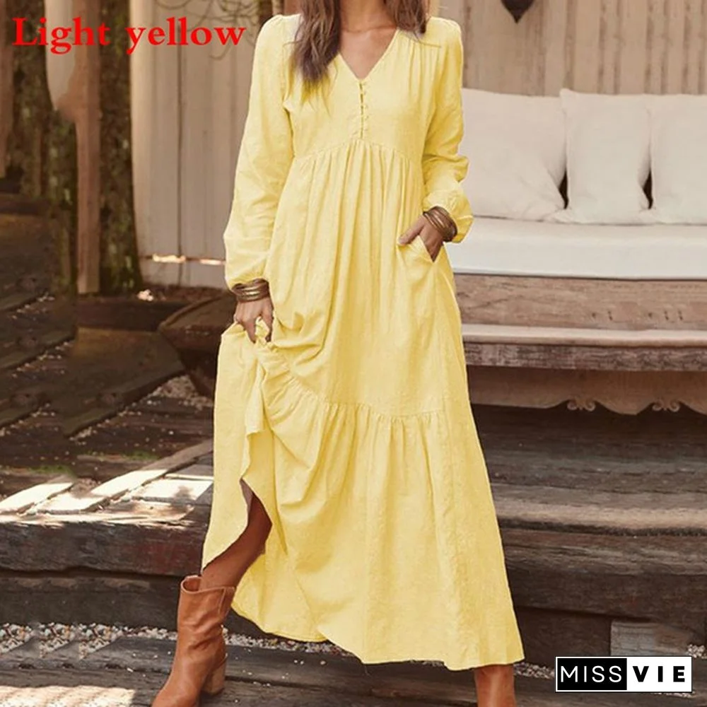 Autumn and Winter Women's Fashion Casual Button Retro Long-sleeved Dress