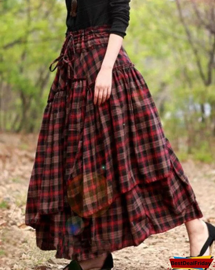 plaid skirts cotton blend long skirts for women p574588