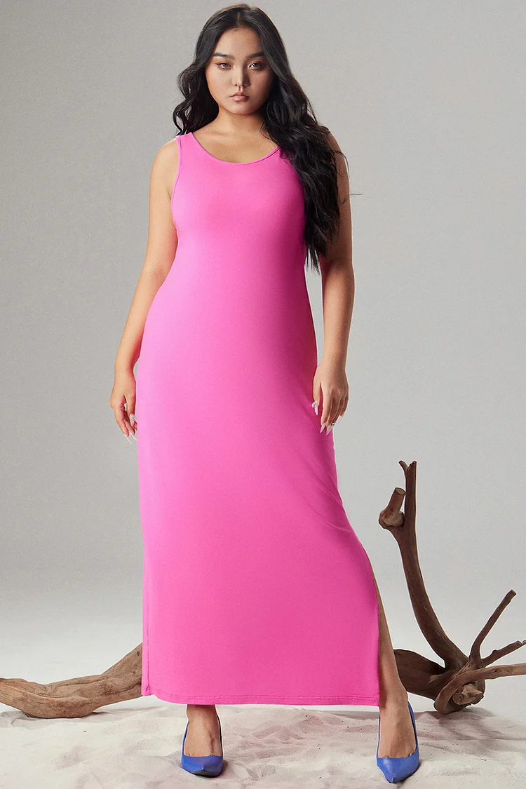 Xpluswear Design Plus Size Casual Dress Hot Pink Knitted Solid Split Hem Tank Maxi Dress [Pre-Order]