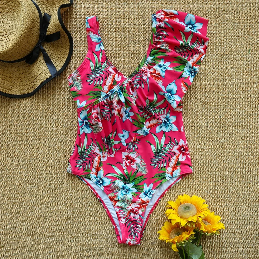 2020 New Sexy Ruffle Print Floral One Piece Strappy Slimming Swimwear Women  Swimsuit Deep-V Bathing Suit Beach Wear Monkini