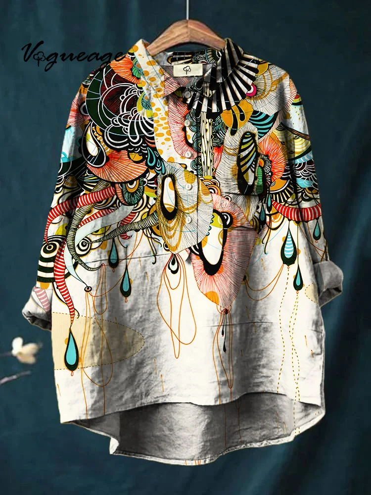 Creative Fashion Bright Color Lines Printed Cotton And Linen Shirt
