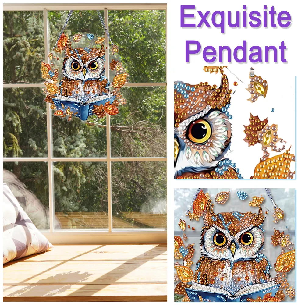 DIY Autumn Owl Special Shape Diamond Painting Hanging Pendant