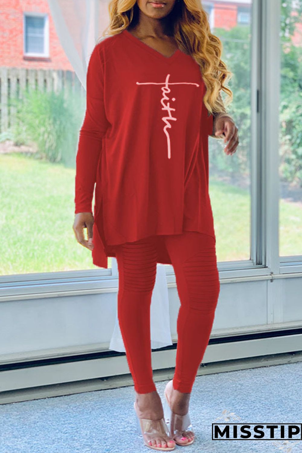 Red Casual Print Patchwork Asymmetrical V Neck Long Sleeve Two Pieces