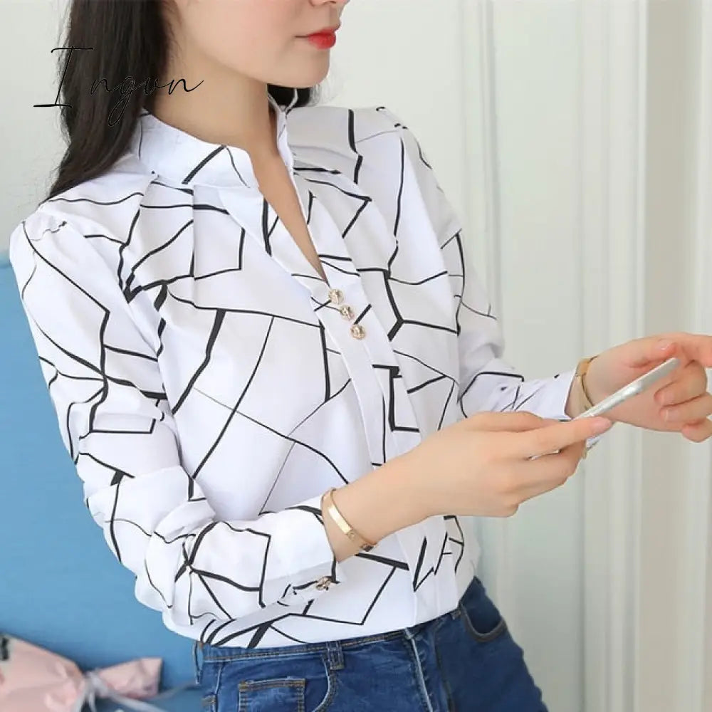 Ingvn - Plus Size Women White Tops And Blouses Fashion Stripe Print Casual Long Sleeve Office Lady