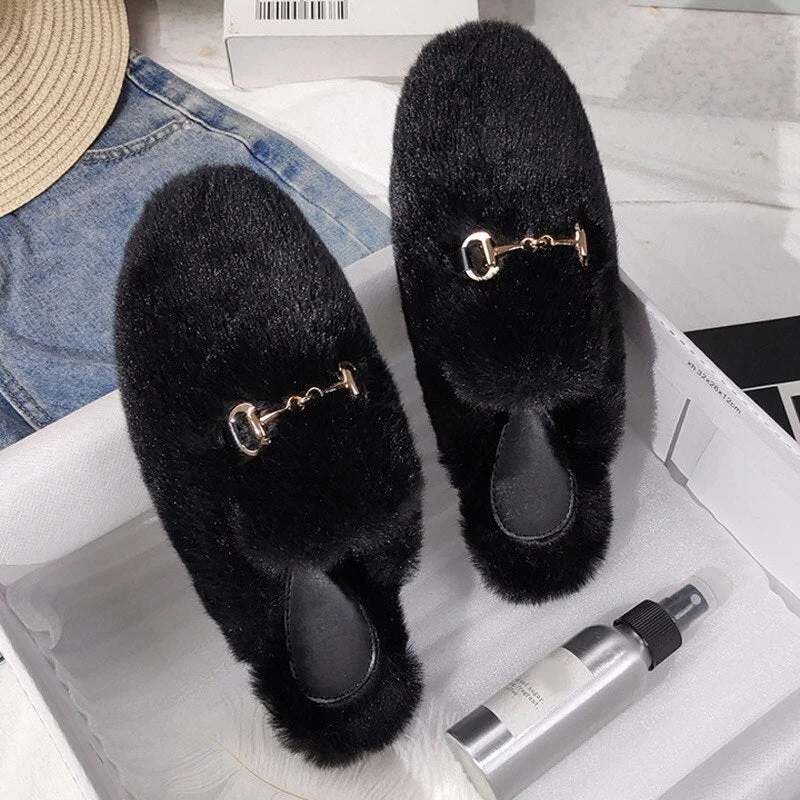 Women Mules Fur Slippers Home Winter Shoes Plush Female Fashion Warm Comfort Couple Flats Shoe Ladies Plus Size Elegant Luxury