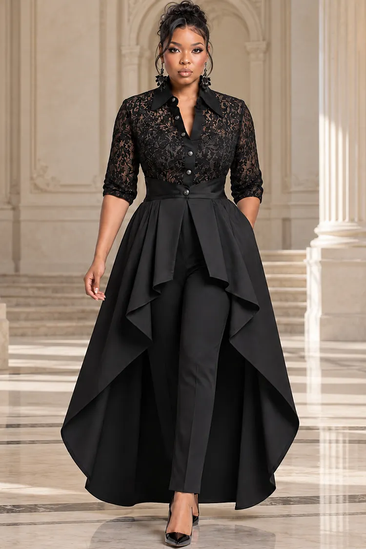 Xpluswear Design Plus Size Formal Satin Black Shirt Collar Half Sleeve Detachable Overskirt Pocket Lace Jumpsuits [Pre-Order] 2024 - Xpluswear