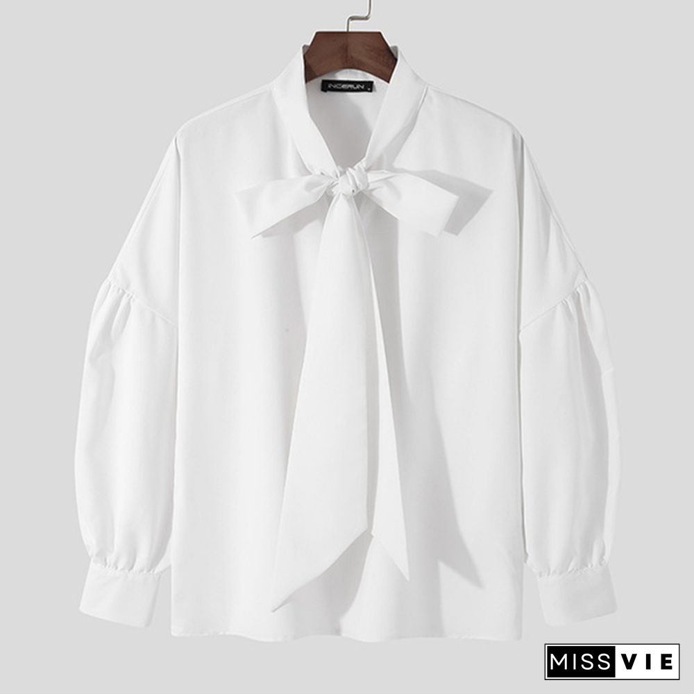 New Men Loose Long Sleeve Tie Blouse Dress Solid Color Clubwear Retro Shirts Tops