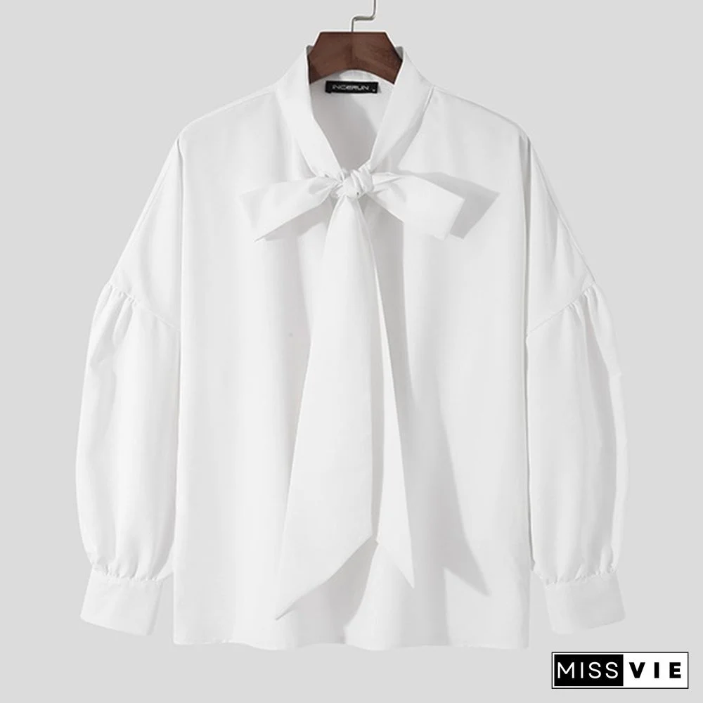 New Men Loose Long Sleeve Tie Blouse Dress Solid Color Clubwear Retro Shirts Tops
