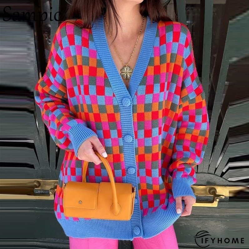 Christmas Gift Sampic Loose Patchwork Knitwear Winter Women Cardigans Tops Oversized Long | IFYHOME