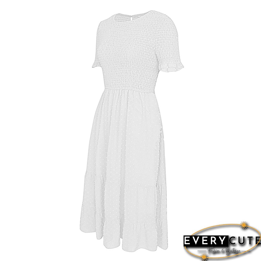 White Swiss Dot Pleated Elegant Short Sleeve Midi Dress