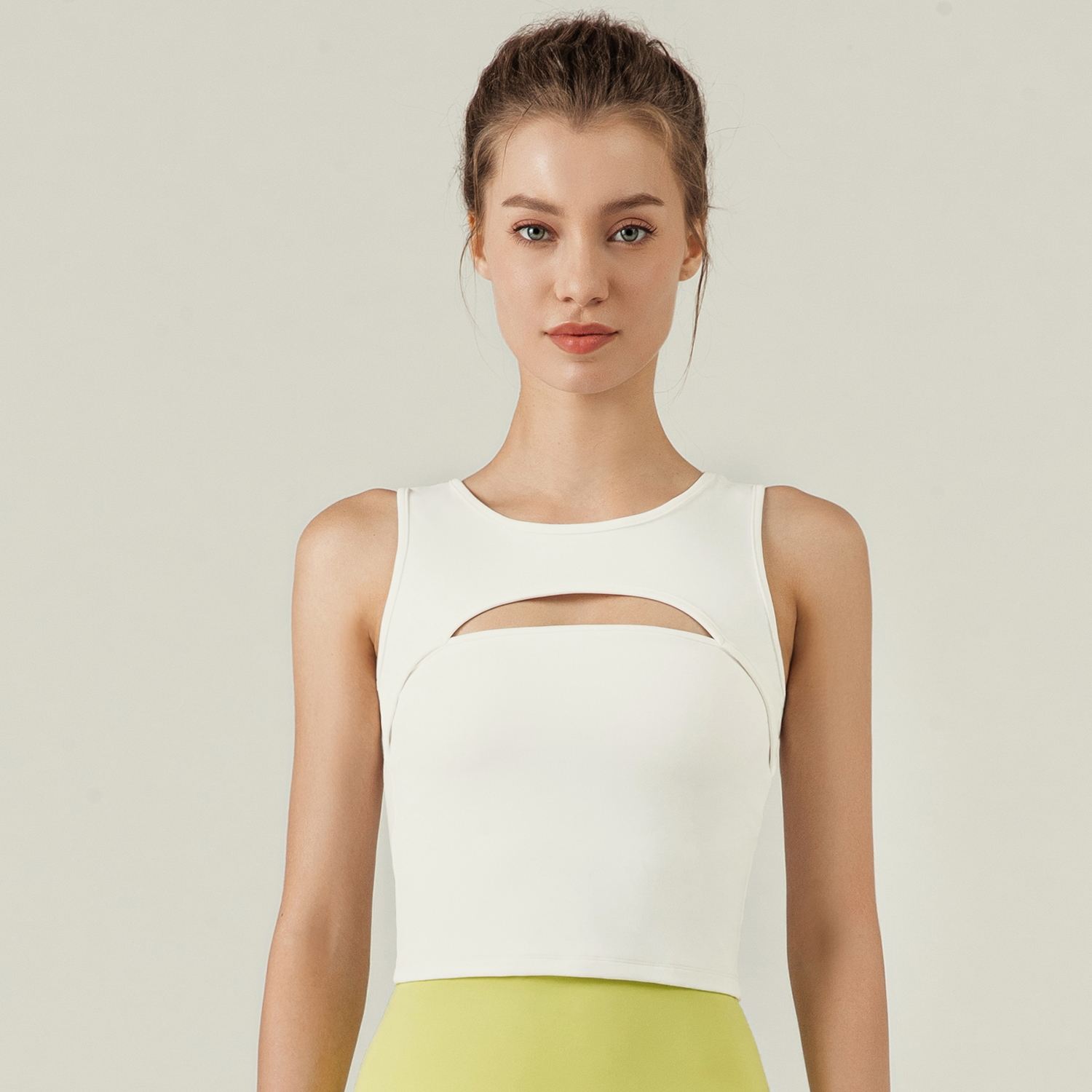 Different types of hollow-out front and back soft comfortable brushed fabric running fitness crop top vest outfits with removable cups online shopping on Hergymclothing White
