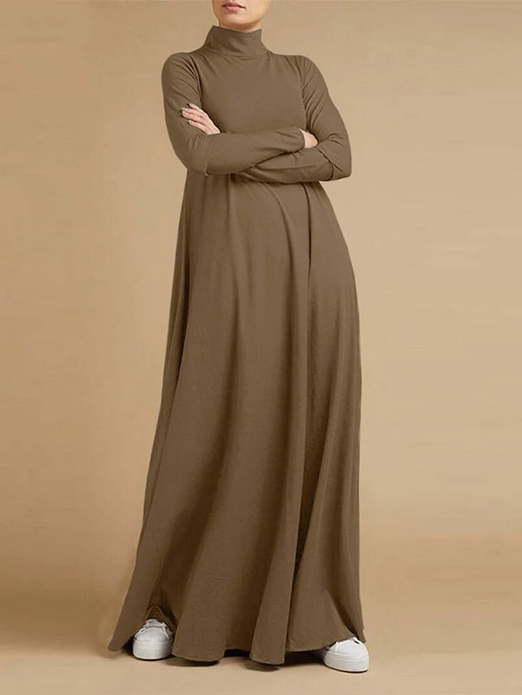 Plain High Neck Long Sleeve A-line Maxi Dress