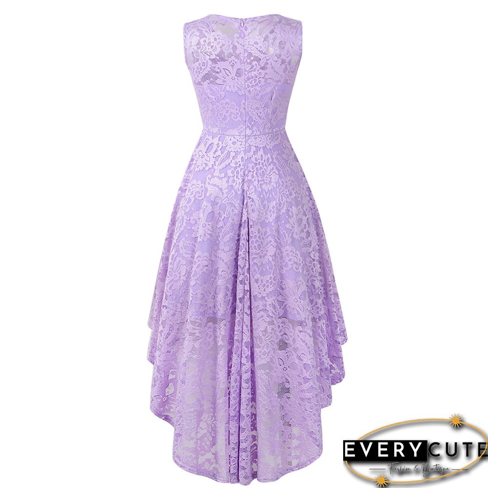 Light Purple Sleeveless High Low Lace Evening Dress
