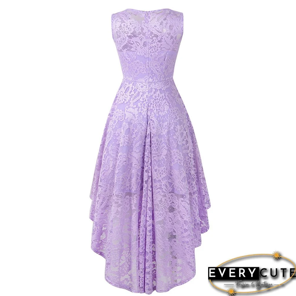 Light Purple Sleeveless High Low Lace Evening Dress