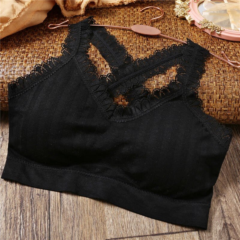 Women Lace Tops Solid Color Tank Crop Top Bra Underwear Cotton Tube Top Female Back Cross Lingerie Removable Padded Intimates