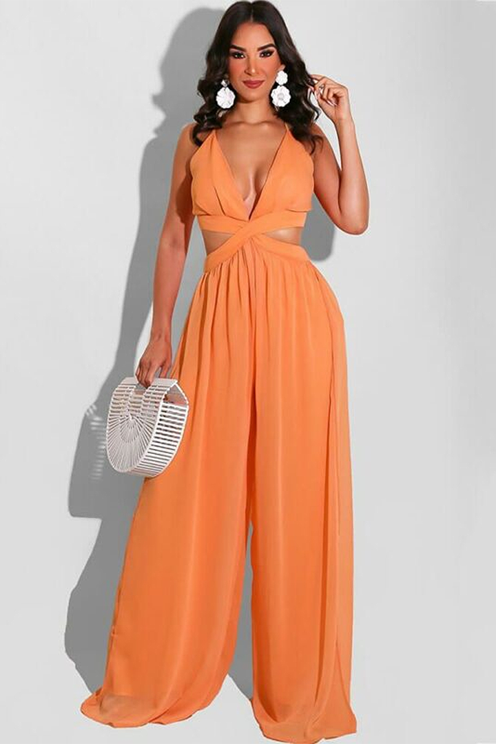 Solid Color Casual Chiffon Women's Jumpsuit Cut Out Backless Romper
