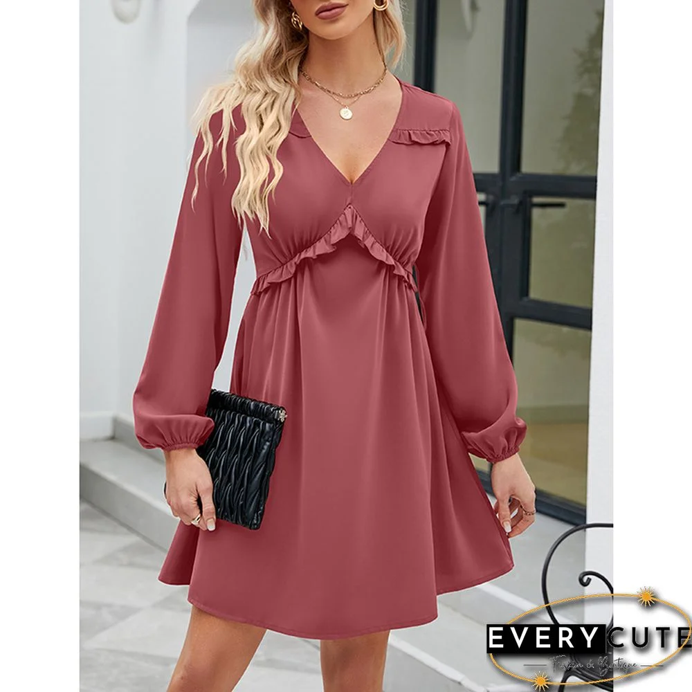 Pink V Neck Ruffle Detail Long Sleeve Dress