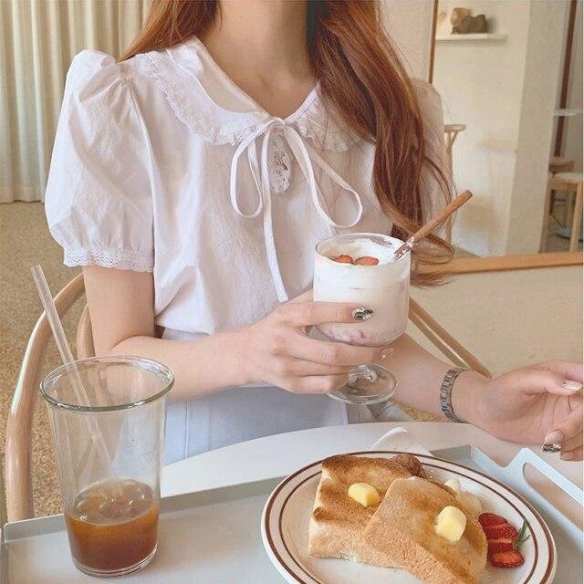 Summer Japanese Kawaii White Blouses Korean Sweet Lace Bubble Sleeve Tops Elegant College Style holiday Lace-up Blouses New - Shop Trendy Women's Fashion | TeeYours