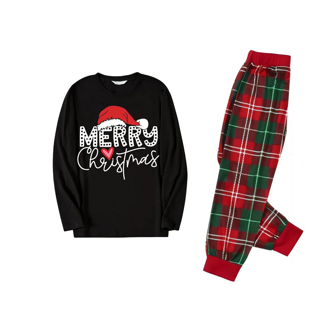 Red Santa Hat "Merry Christmas" Letter Print Black Long Sleeves Top with Classic Black and Green Plaid Pants Family Matching Pajamas
