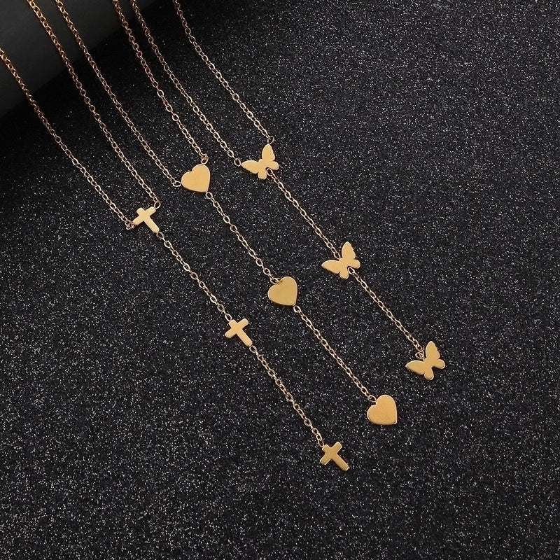 Titanium Steel Gold Plated Minimalist Cross Heart Shape Butterfly Pendant Necklace