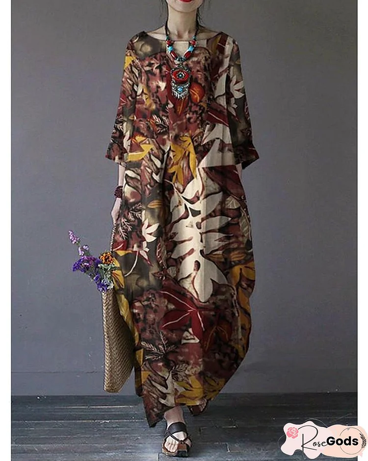 Women's Swing Dress Maxi Long Dress 3/4 Length Sleeve Print Fall Hot Vintage Chinoiserie Cotton Red Green Brown