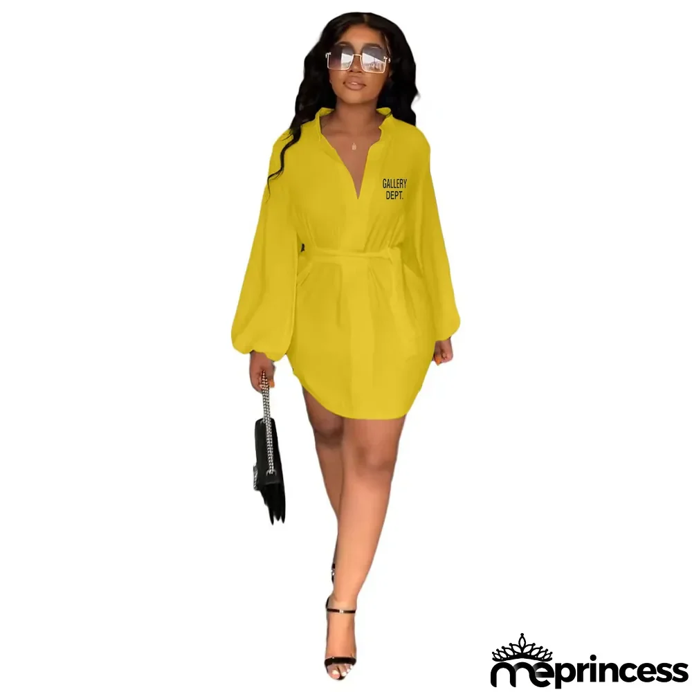 Women Printed V-Neck Casual Puff Sleeve Dress with Belt.