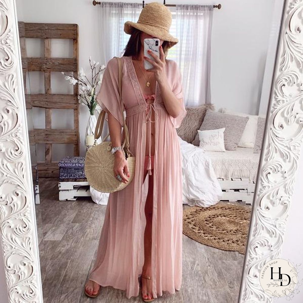Summer Lace Cardigan Solid Color Holiday Style Dress Long Skirt