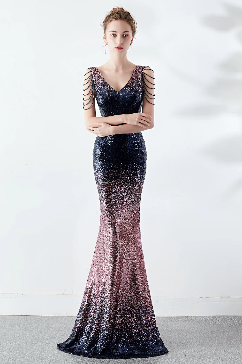 Gorgeous Ombre Sequins Mermaid Prom Dress Long Evening Gowns With Dropping Sleeve - lulusllly