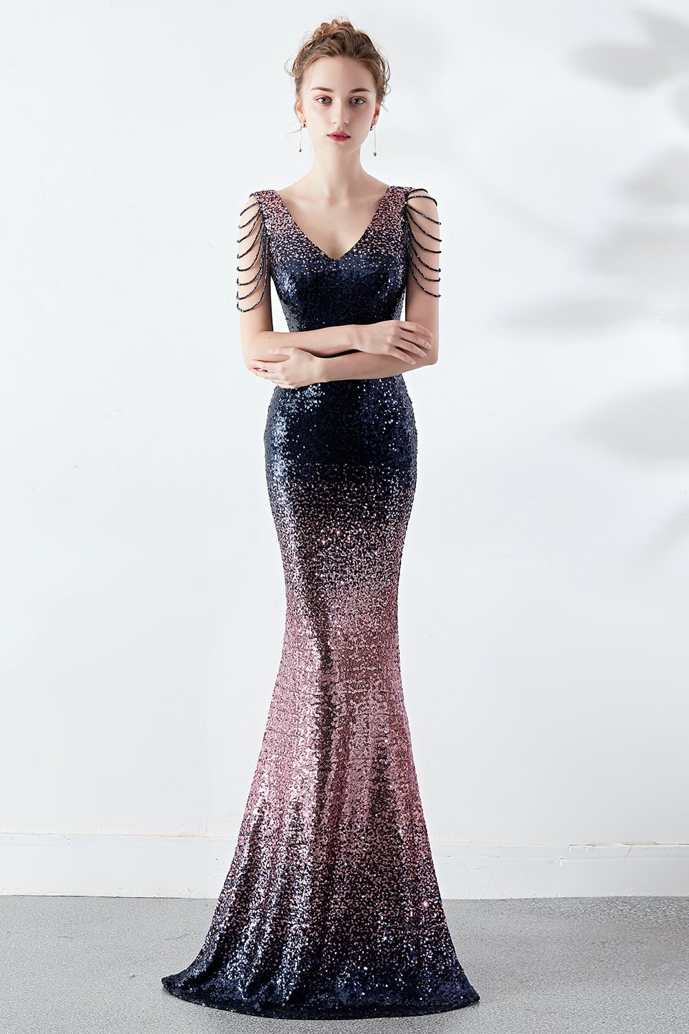 navy-pink ombre sequins mermaid long prom dress