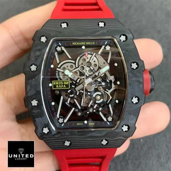 Richard Mille RM3502 Black Bezel Red Rubber Bracelet Replica on the hand