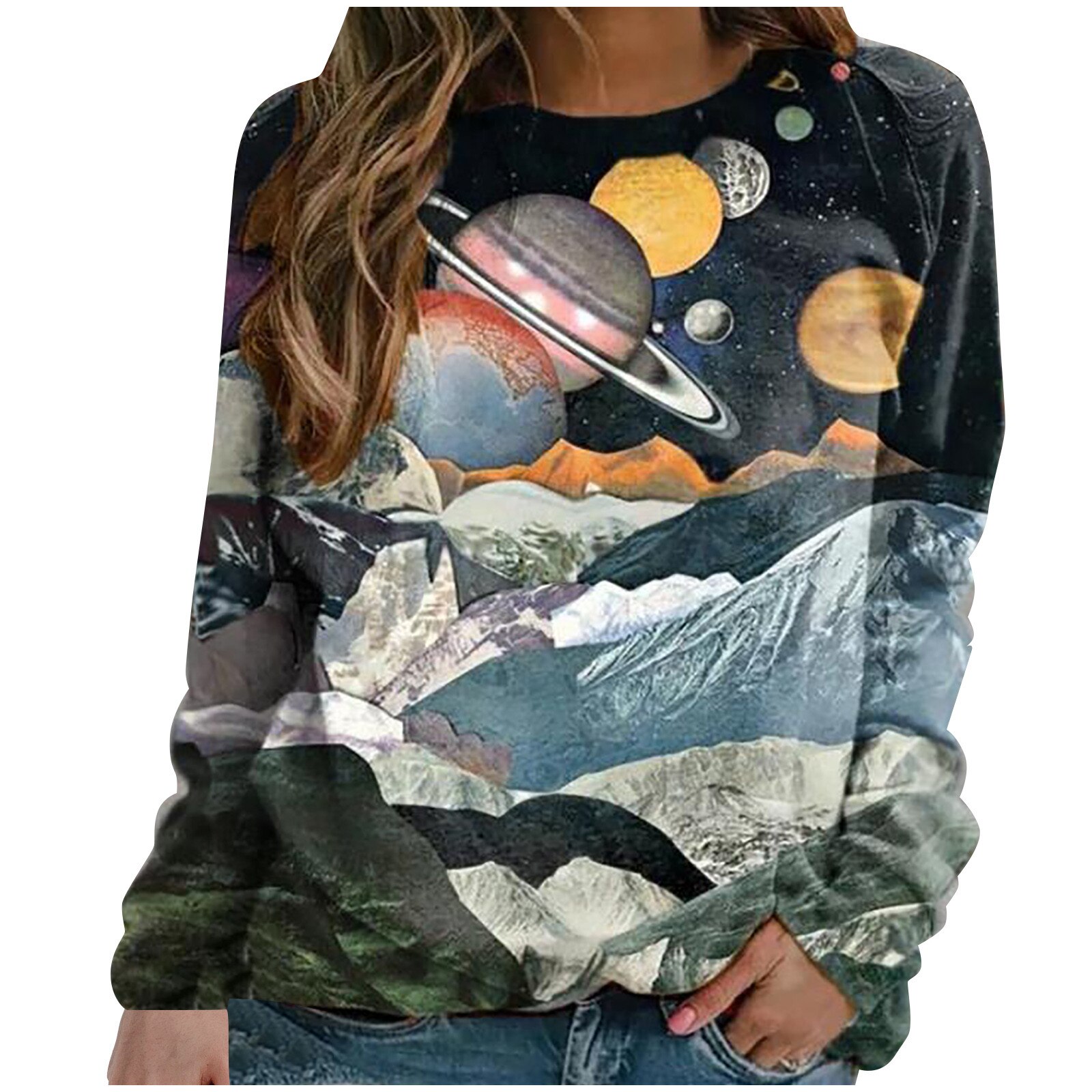 Ladies Landscape Print O-neck Long Sleeves Casual Loose Tops