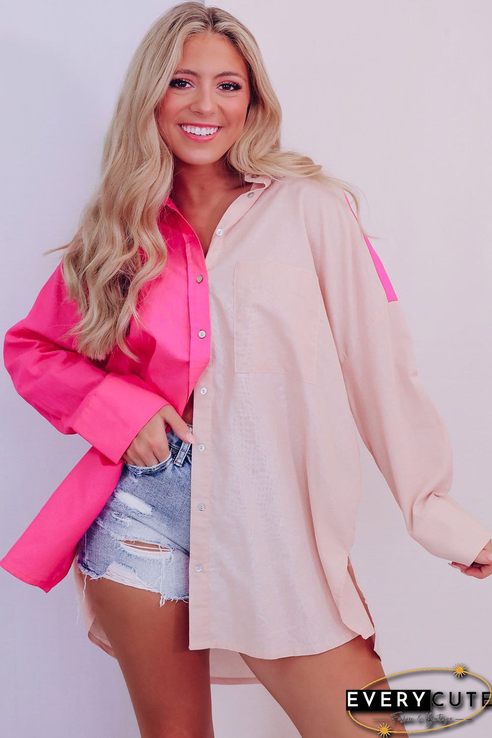 Pink Color Block Patchwork Oversized Shirt