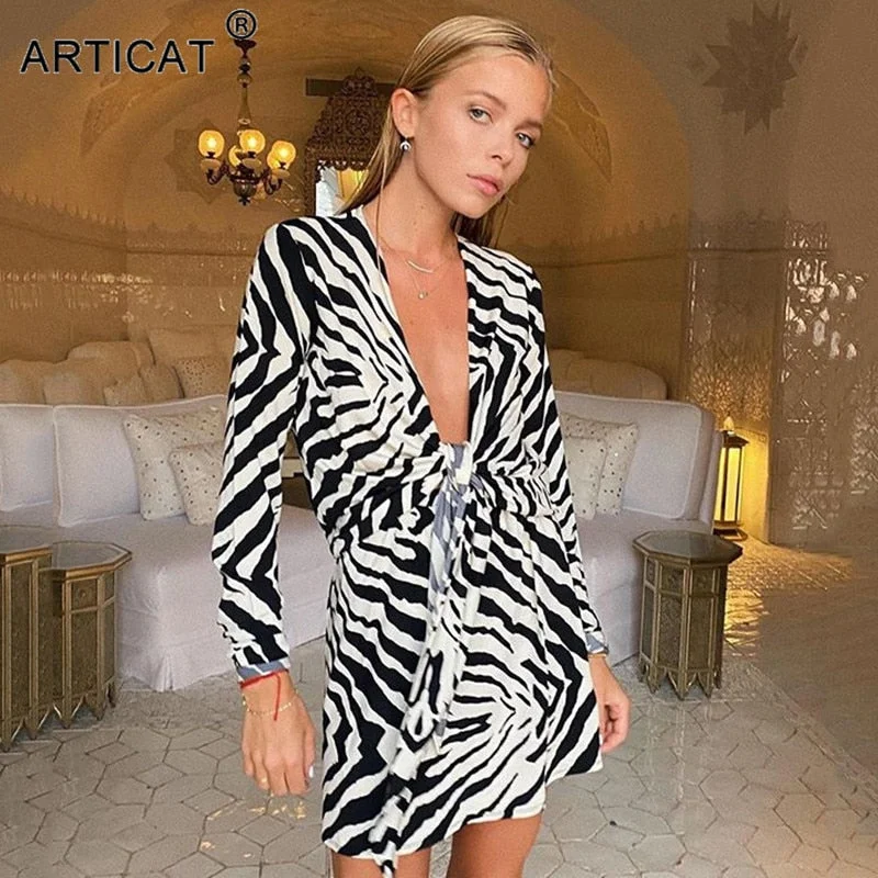 Articat Zebra Print Bandage Shirt Dress Women V-Neck Outwear Female Long Sleeve Autumn Beachwear Women Printed Shirts Dress