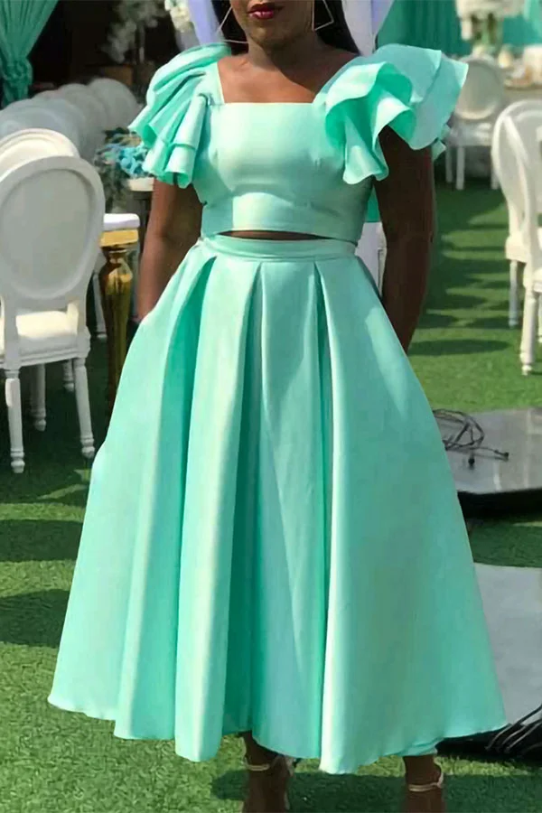 Solid Color Ruffle Sleeve Romantic Pleated Skirt Suit