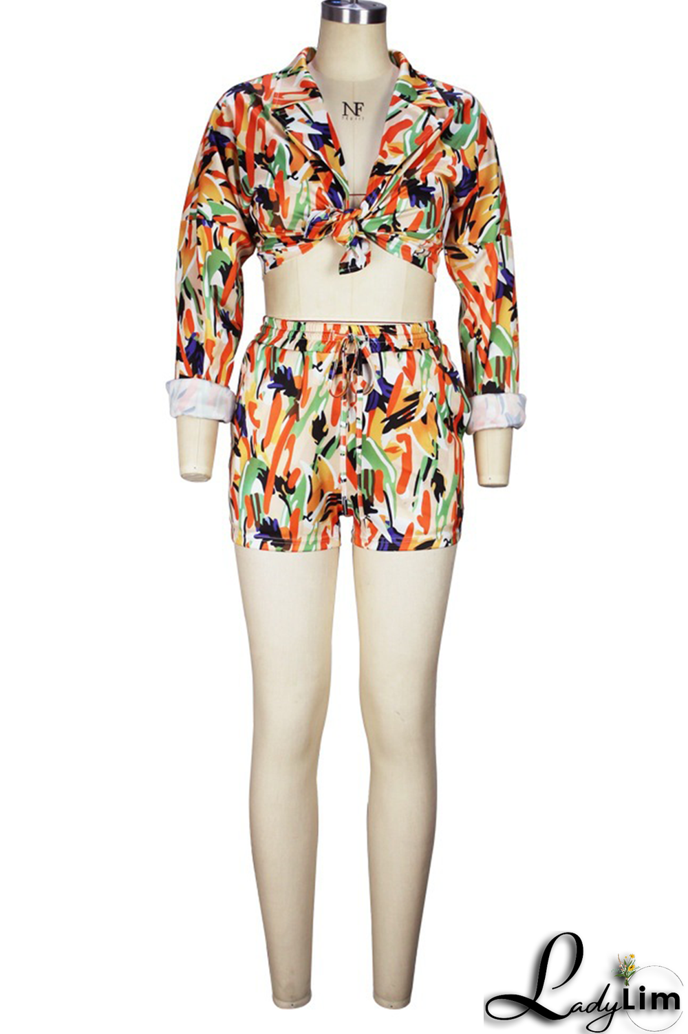 Orange Casual Print Patchwork Turndown Collar Long Sleeve Two Pieces