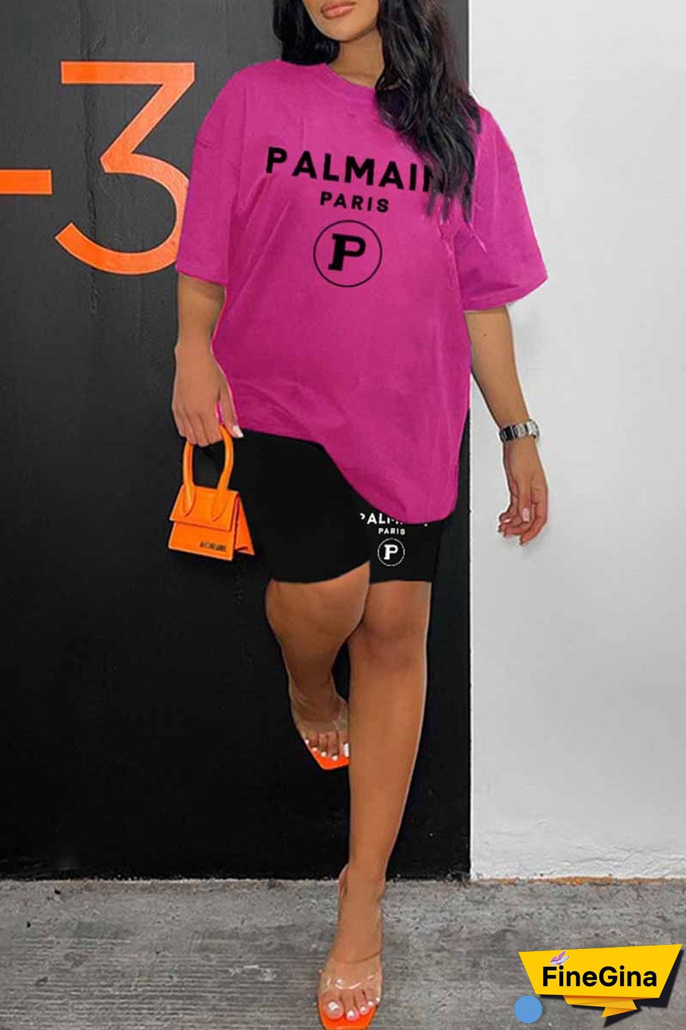 Blue Casual Print Letter O Neck Short Sleeve Two Pieces