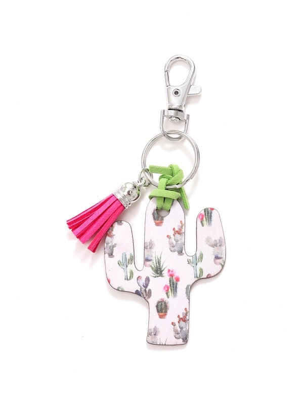 Classic Style Commute Cactus Printing Wood Bag Pendant Keychain
