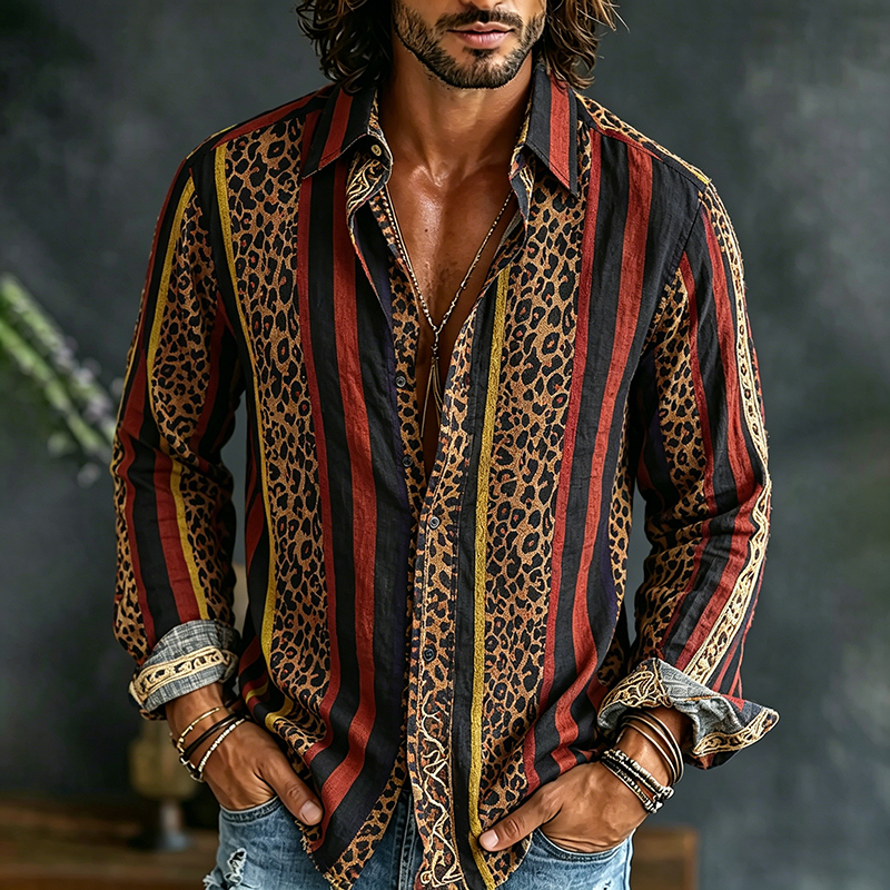 Comstylish Men's Vintage Leopard With Strip Art Print Flowy Linen Blend Shirt