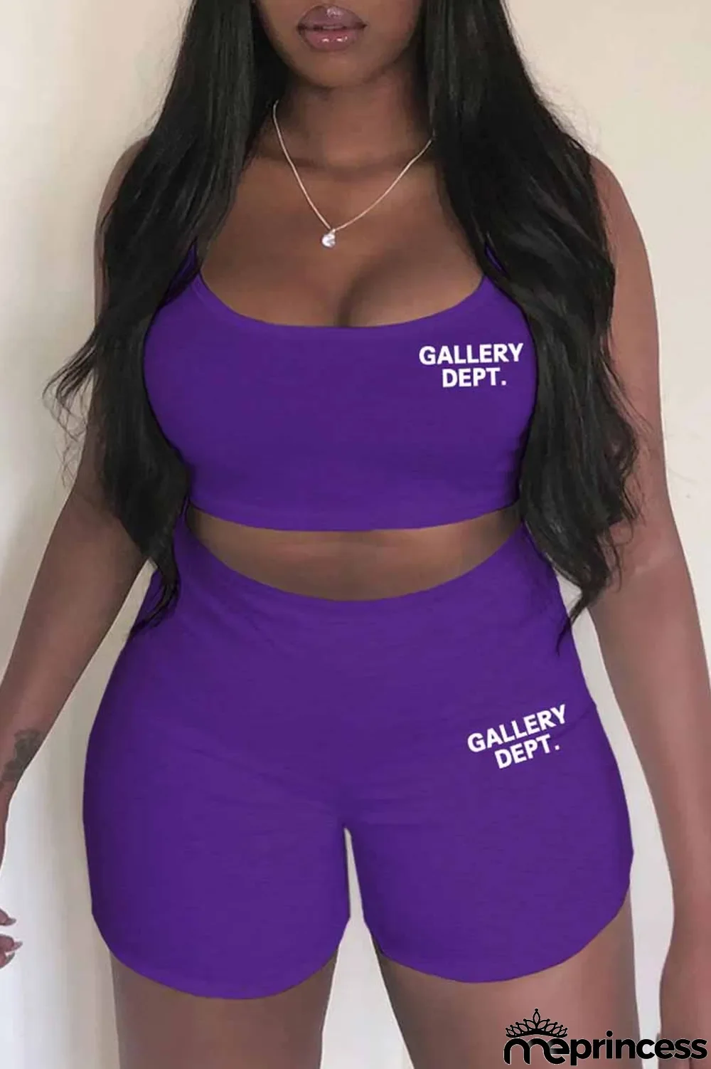 Purple Casual Print Letter Spaghetti Strap Sleeveless Two Pieces