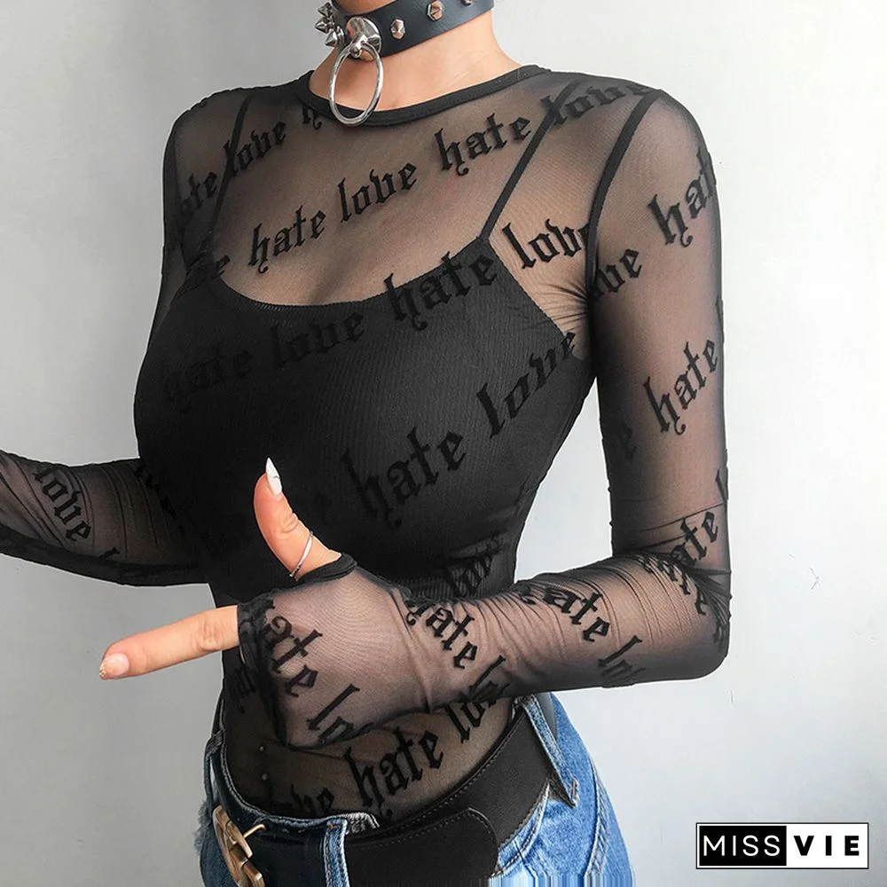 Sexy Women Mesh T-Shirts See-Through Perspective Tshirt Letter Printed O Neck Transparent Long Sleeve T Shirt Tops Women