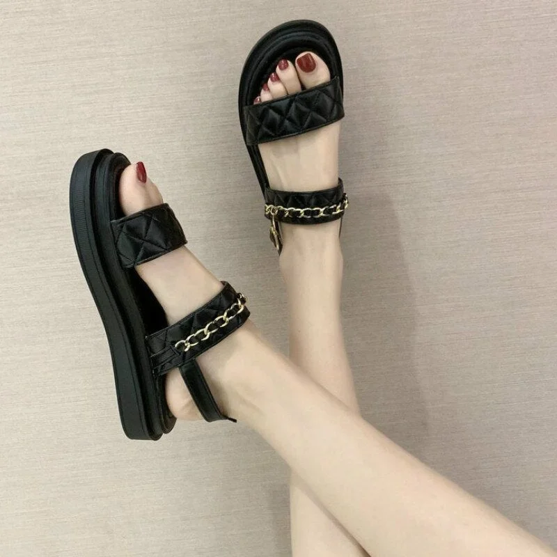 Leisure Summer New Women Sandals Solid Fashion Buckle Strap Back Strap Wedges Word Deduction Chain Med (3cm-5cm) Thick Bottom