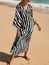 Loose V-Neck Zebra Striped Print Vacation Maxi Dress Cover-Ups Top