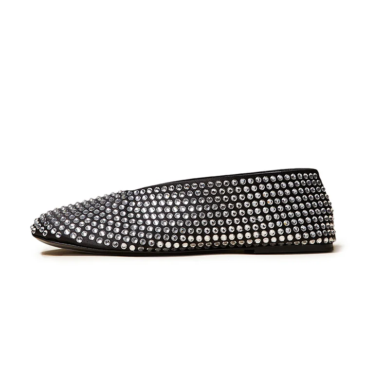 Black Round Toe Rhinestone Embellished Sparkly Flat Shoes for Women |FSJ Shoes