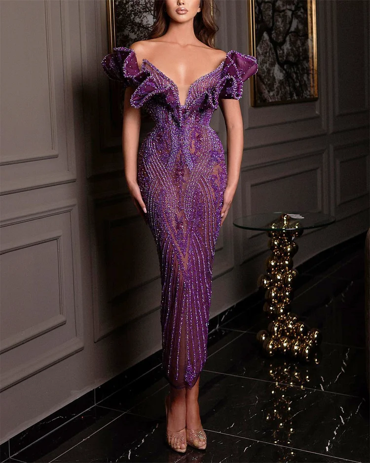 Women's Purple Ruffled Sequin Dress